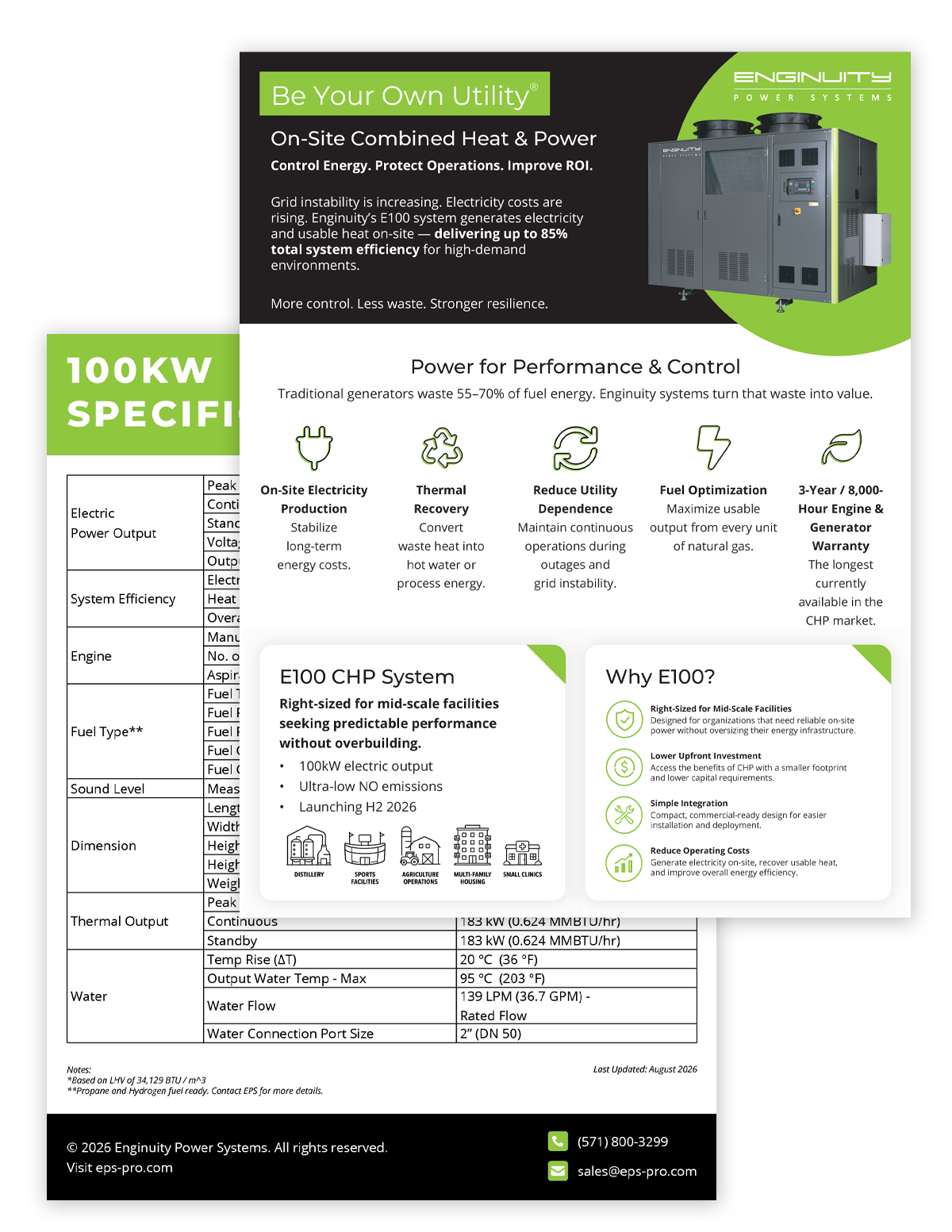 Marketing flyer for Enginuity Power Systems showcasing the E100 CHP system, titled 'Be Your Own Utility' with a large product image and feature icons.