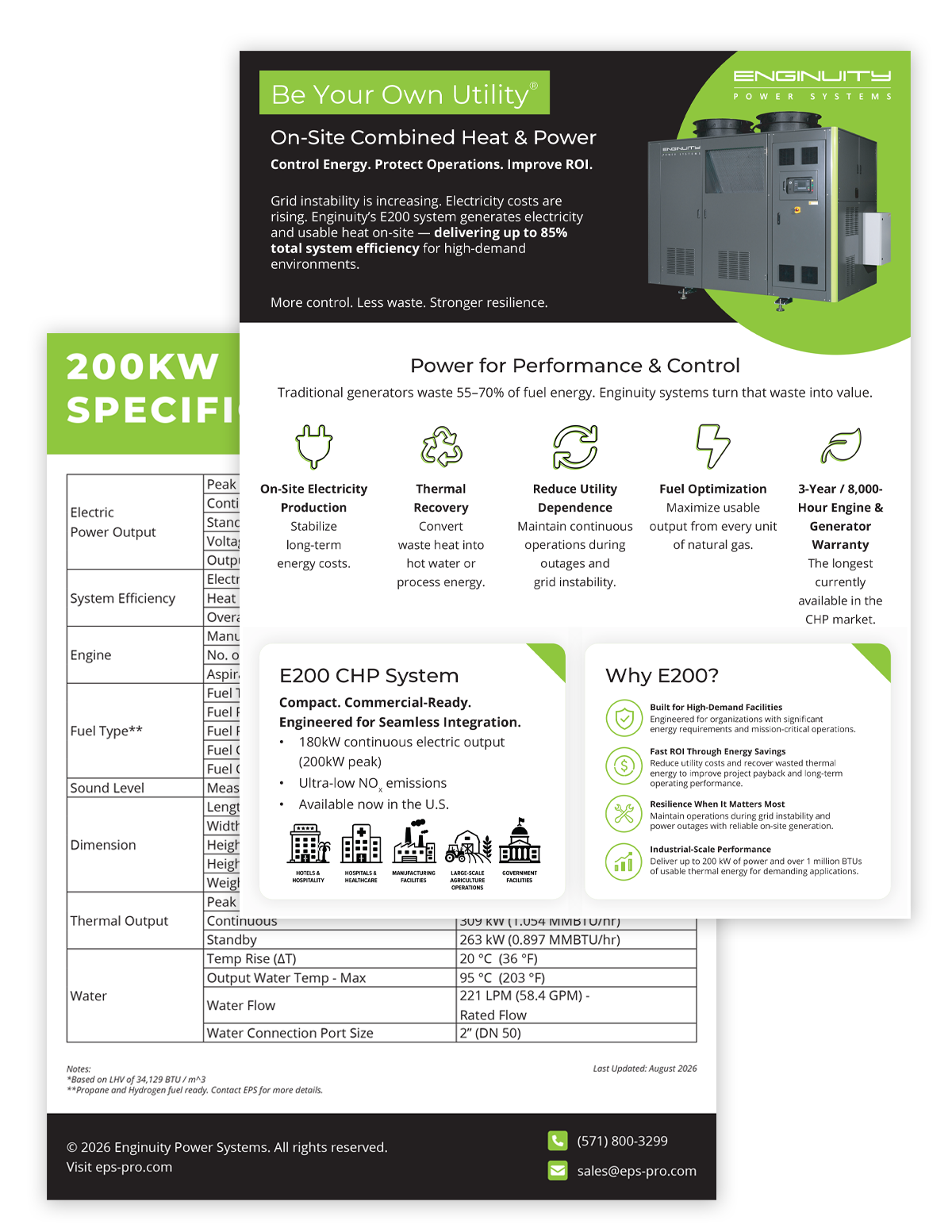 Promotional one-page flyer for Enginuity E200 CHP system with product image, benefits, and contact info.