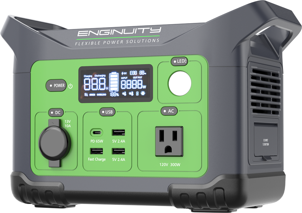 Portable power station with green control panel, display screen, USB-A ports, AC outlet, and DC/charger knobs (Enginunity).