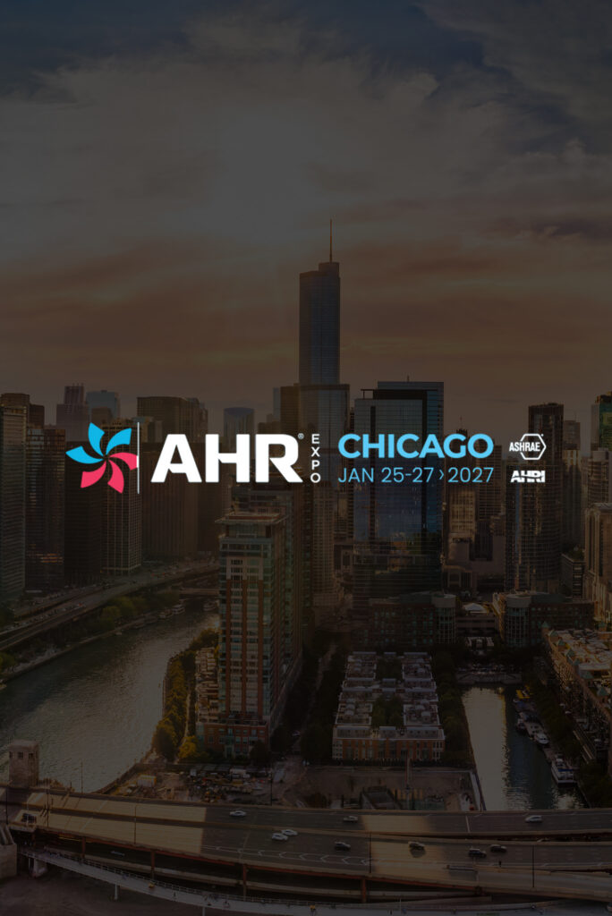 Chicago skyline at sunset with bold AHR Expo Chicago 2027 branding across the foreground.